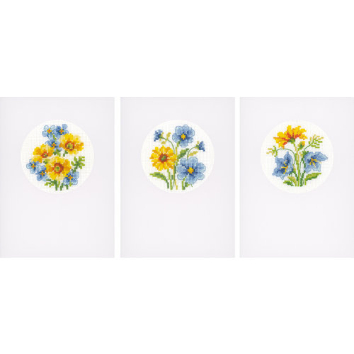 Vervaco Wenskaart kit Gele en blauwe bloempjes set van 3 Vervaco Wenskaart kit Gele en blauwe bloempjes set van 3