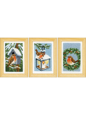 Vervaco Official Miniatuur kit Roodborstjes in de winter set van 3