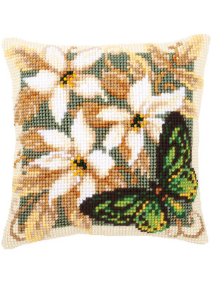 Vervaco Kruissteekkussen kit Groene vlinder&witte bloemen