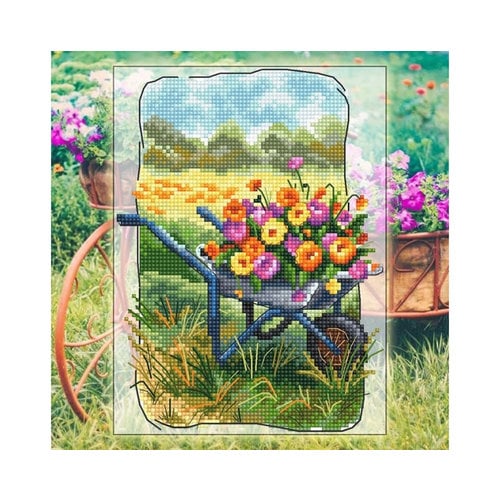 RTO Borduurpakket Grandmother's Old Garden Wheelbarrow with Flowers - RTO