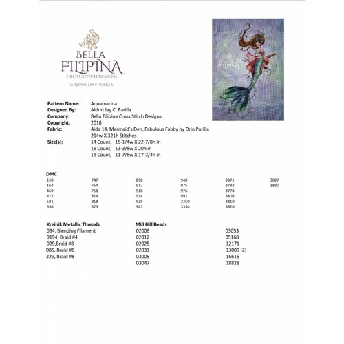 Bella Filipina Designs Borduurpatroon Aquamarina - Bella Filipina Designs