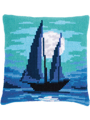 Vervaco Kruissteekkussen kit Zeilboot in blauw maanlicht
