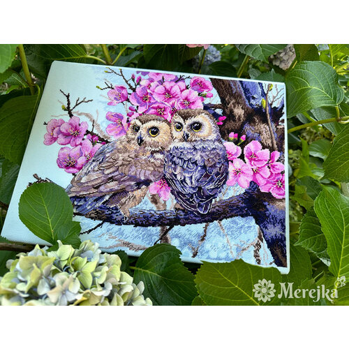 Merejka Borduurpakket Two Owls in Spring Blossom - Merejka