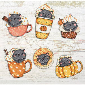 Leti Stitch Borduurpakket Pumpkin Cup Kitties Kit of 6 pcs - Leti Stitch