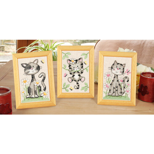 Vervaco Miniatuur kit Poezen met bloemen set van 3