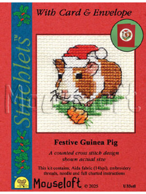 Mouseloft Borduurpakket Festive Guinea Pig - Mouseloft Christmas Card Stitchlets