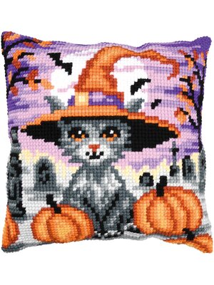 Vervaco Voorbedrukt Compleet Pakket | Kruissteekkussen kit Halloween kitten | 40 x 40 cm| VERVACO