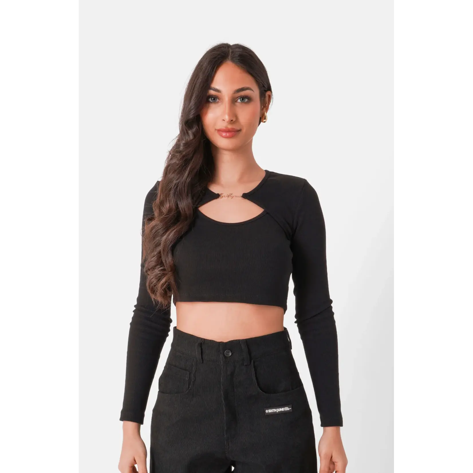 SIXTH JUNE W SIXTH JUNE LS RIBBED CROP TOP JEWEL