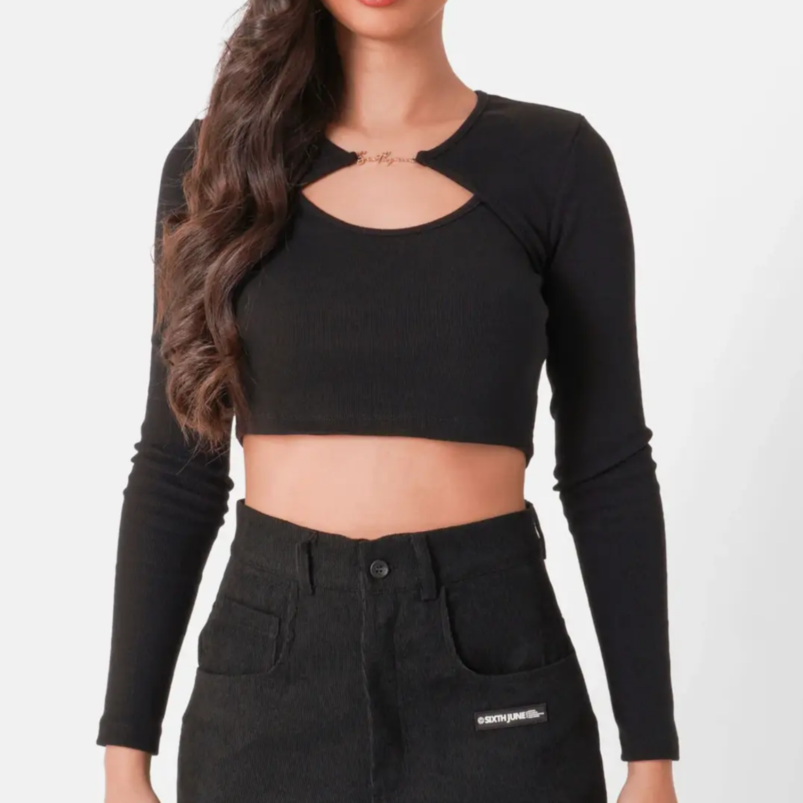 SIXTH JUNE W SIXTH JUNE LS RIBBED CROP TOP JEWEL