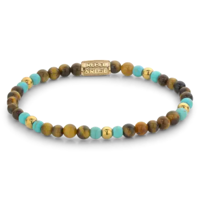 REBEL & ROSE REBEL & ROSE Armband | Mix Tiger Turquoise | Goudkleurig ion-plated | 4 mm | RR-40063-G