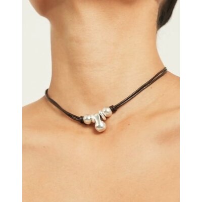 UNOde50 UNOde50 Ketting | Korte Leren Ketting met 3 bolletjes | COL2064MARMTL