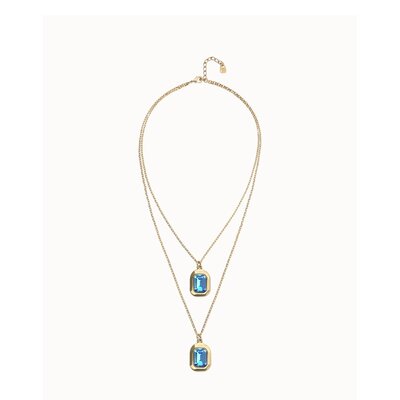 UNOde50 UNOde50 Ketting | Dubbele ketting met twee rechthoekige gefacetteerde kristallen  | Verguld | COL2072AZUORO