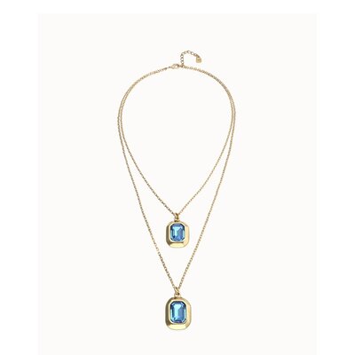 UNOde50 UNOde50 Ketting | Dubbele ketting met twee rechthoekige gefacetteerde kristallen  | Verguld | COL2072AZUORO