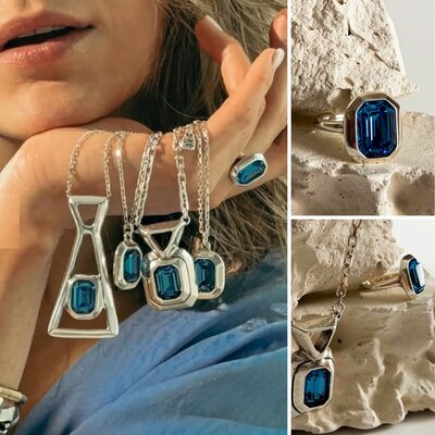 UNOde50 UNOde50 Ring | Rechthoekige ring met blauw gefacetteerde kristal | ANI0864AZUMTL