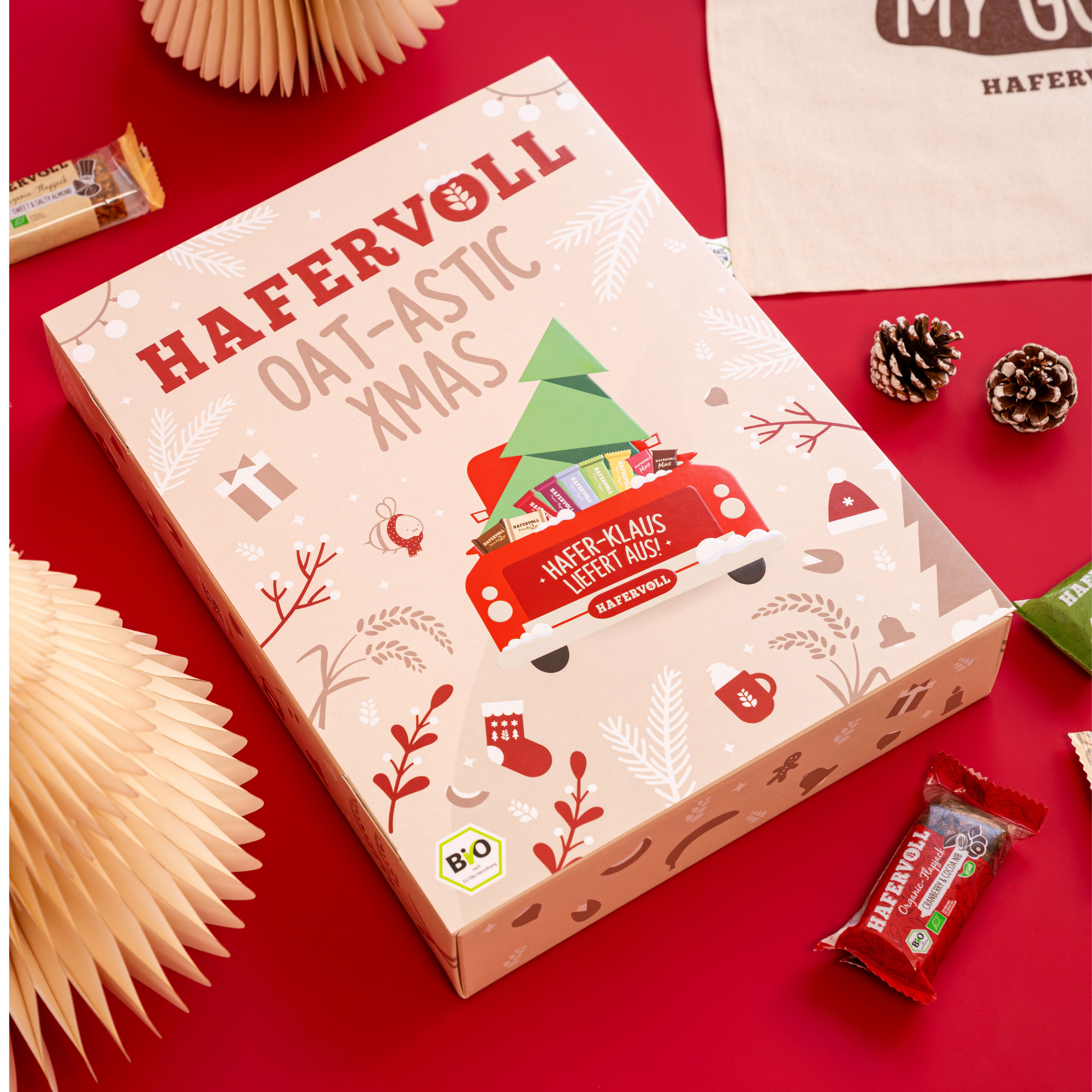 Hafervoll Snacks Adventskalender mit Deko und Produkten