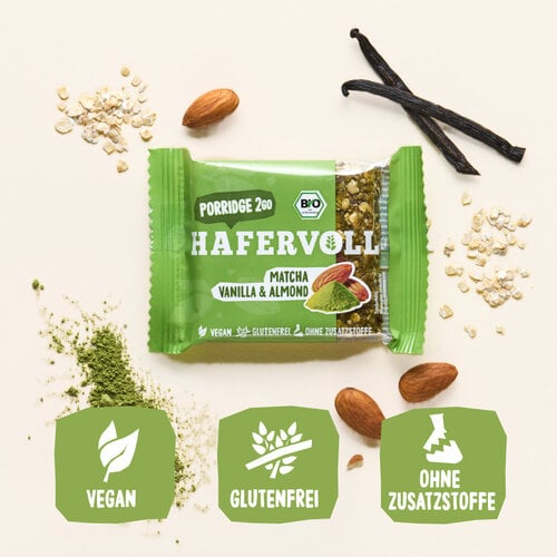 HAFERVOLL 13er Box - Porridge2go - Matcha, Vanilla & Almond - Bio HAFERVOLL 13er Box - Porridge2go - Matcha, Vanilla & Almond - Bio