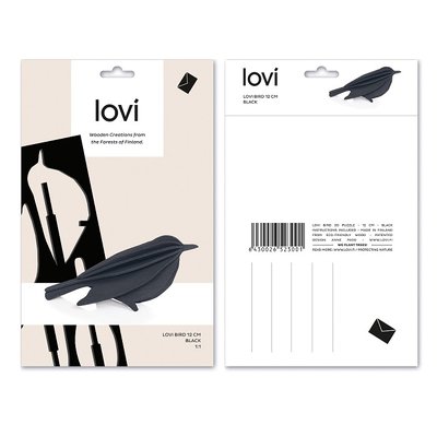 LOVI Bird zwart medium 16cm - 3D kaart hout - Fins design