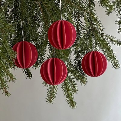 LOVI Baubles - bal - Ø6cm  3D rood 4pcs - Fins berkenhout