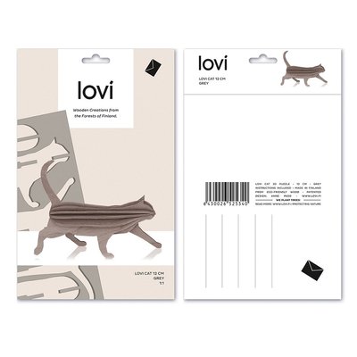 LOVI Kat grijs 12cm - 3D kaart  hout - Fins design