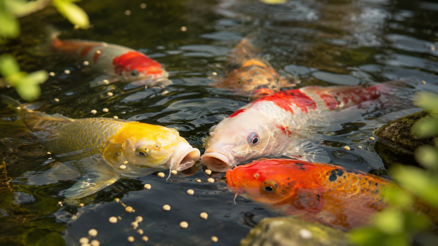 Koi die koivoer eten aan het wateroppervlak