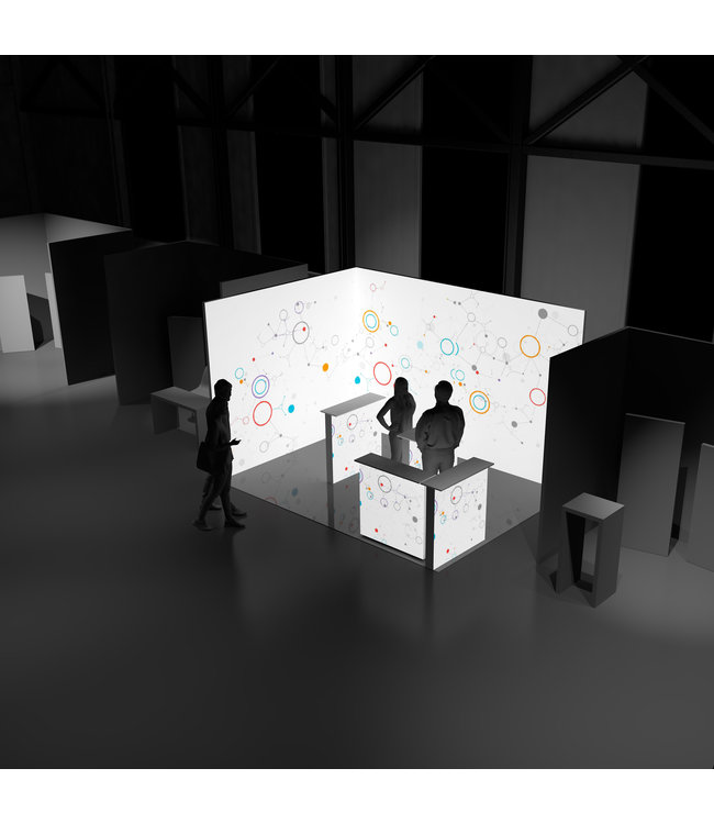 Illuminated exhibition stand L-shape 4 x 3 m different heights with and without textile