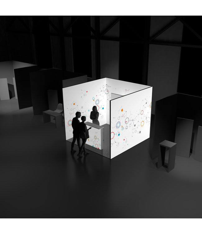 Illuminated exhibition stand U-shape 3 x 3 m different heights with and without textile