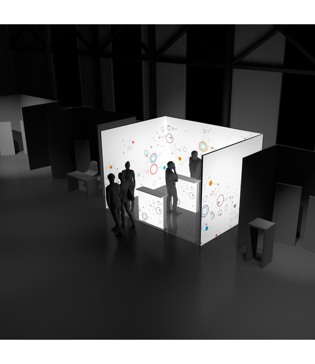 Illuminated exhibition stand U-shape 4 x 3 m different heights with and without textile