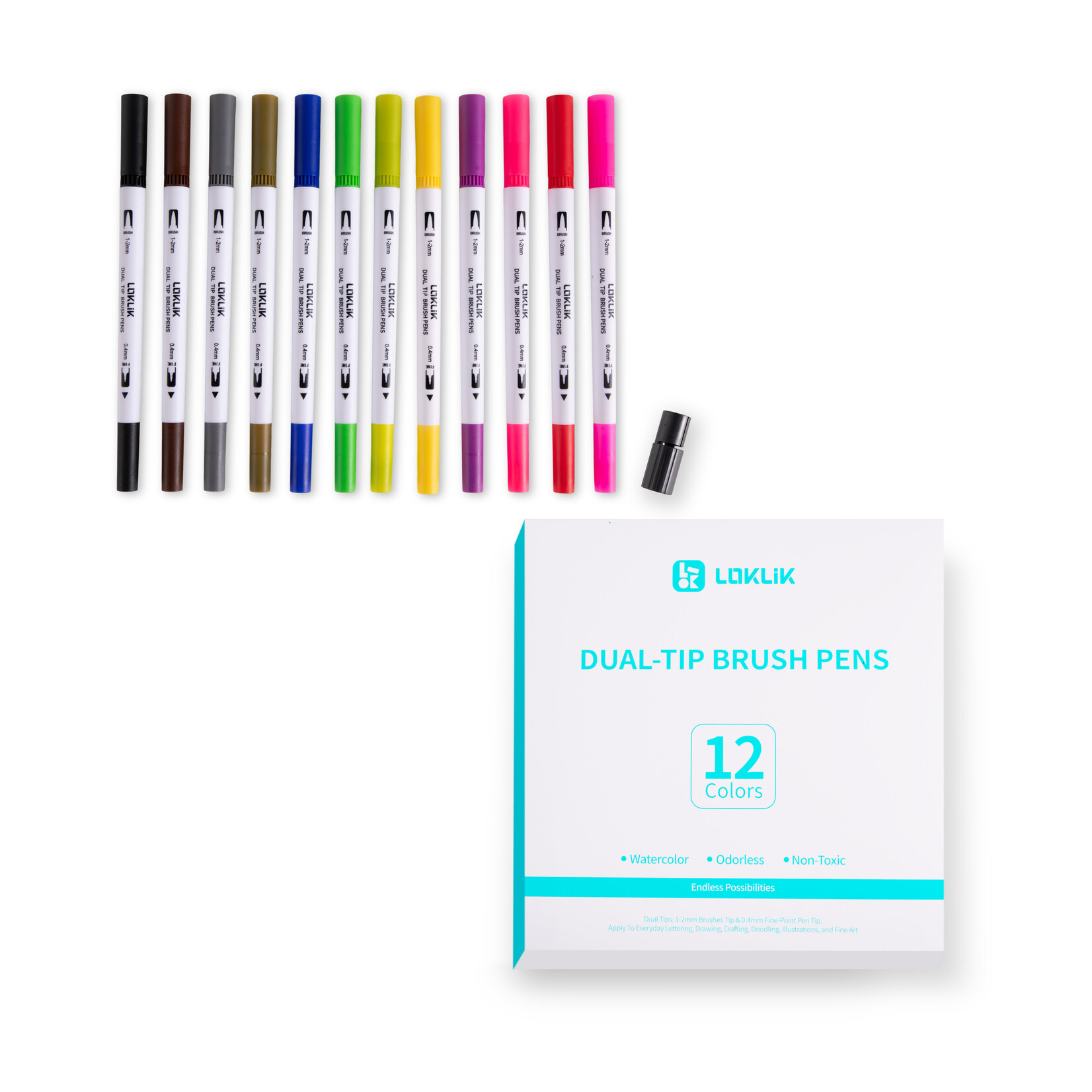 LOKLiK Dual Tip Brush Pens - 12 colours