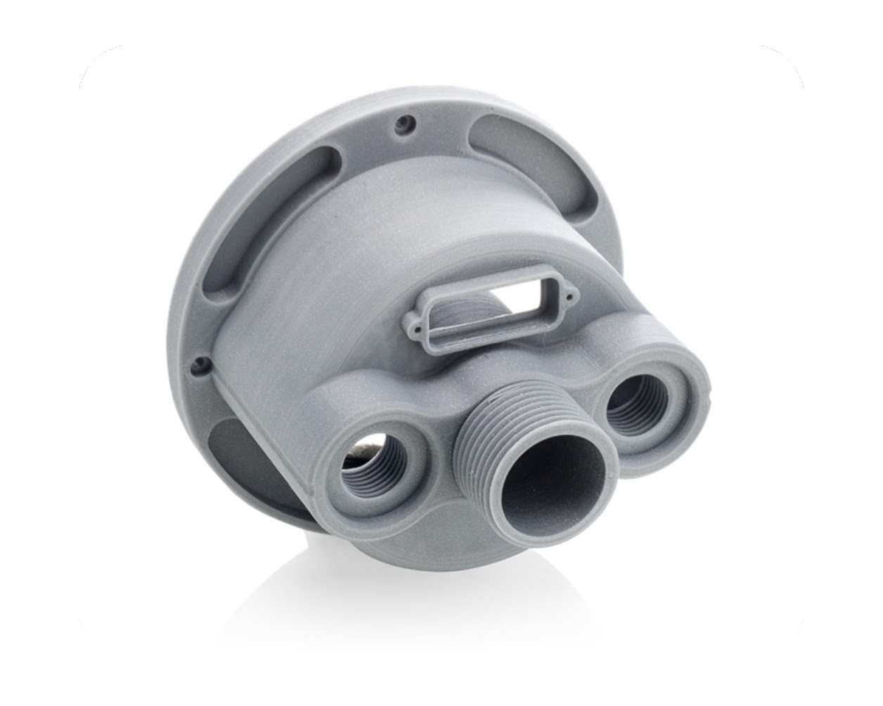Un componente mecánico funcional para carcasas con orificios roscados, impreso en filamento técnico ABS o ASA de color gris.