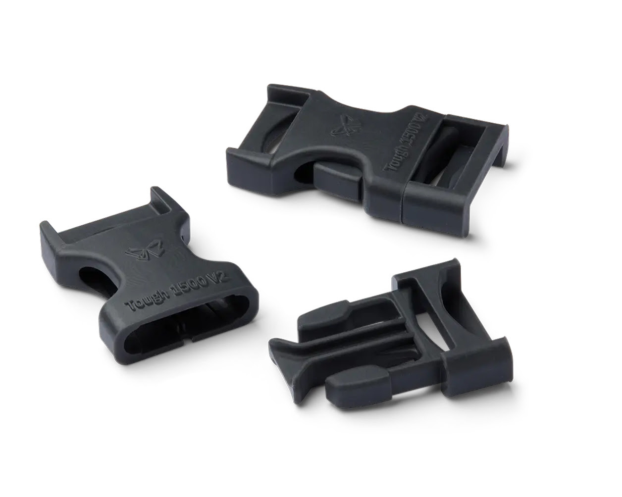 Hebillas de plástico funcionales de apertura lateral, impresas en 3D con la resina Formlabs Tough 1500, resistente y con alta resistencia a la fatiga.