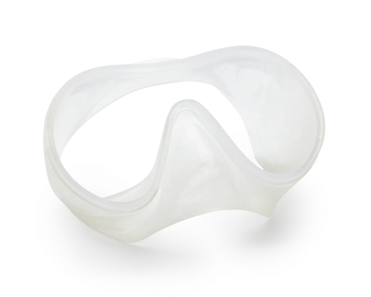 Un prototipo de faldón de máscara de buceo translúcido y flexible, impreso en 3D con resina elastomérica flexible similar al caucho.