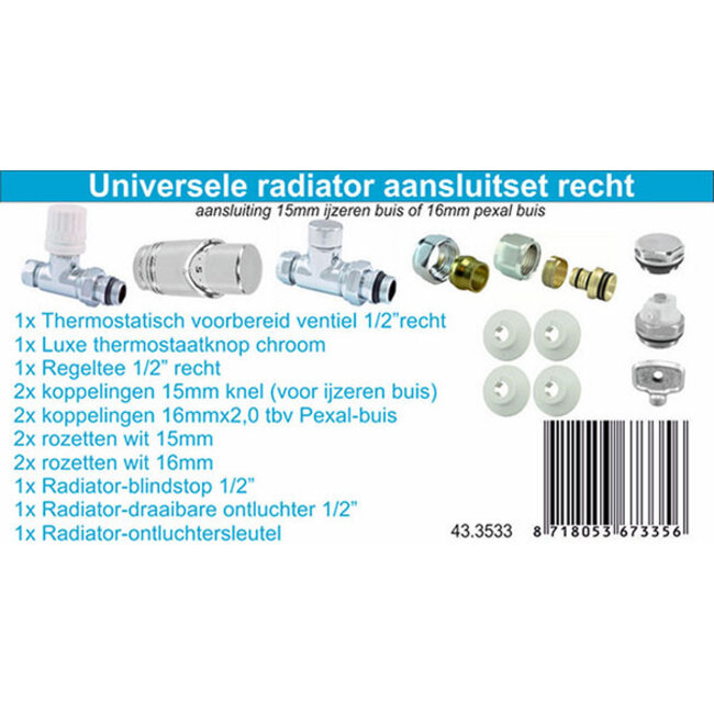 Luxe therm. rad. aansluitset recht chroom