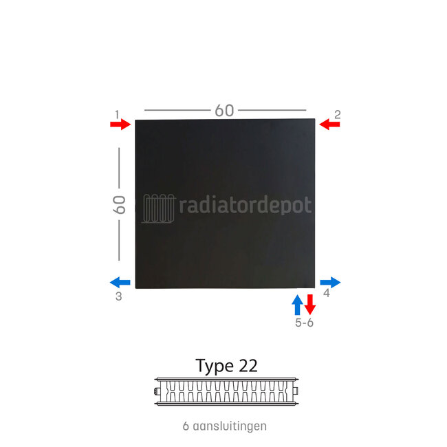 H60 x B60 T22 - Paneelradiator C6 vlakke voorzijde Mat Zwart