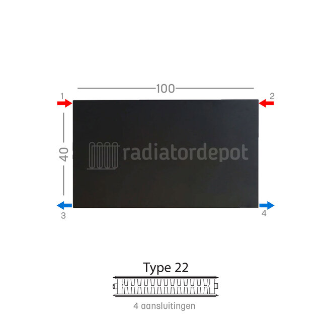 H40 x B100 T22 - Paneelradiator C4 vlakke voorzijde Mat Zwart