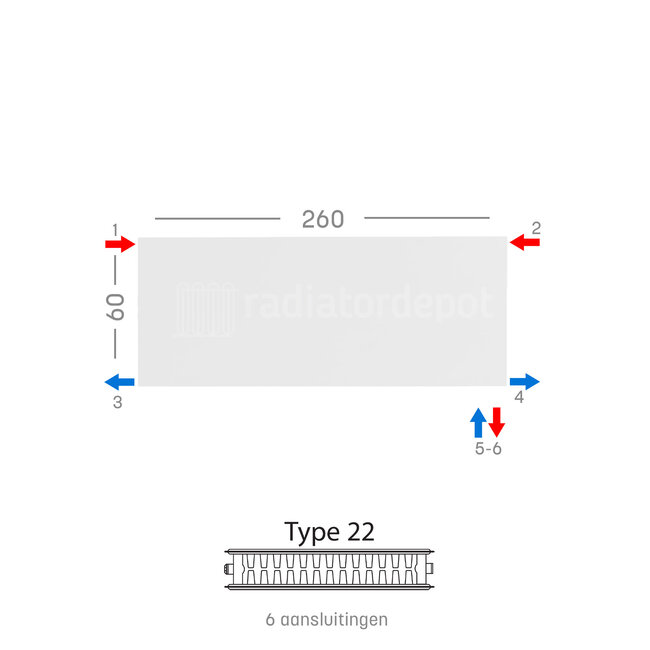 H60 x B260 T22 - Paneelradiator C6 vlakke voorzijde Wit
