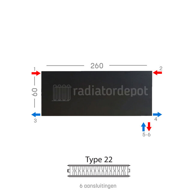 H60 x B260 T22 - Paneelradiator C6 vlakke voorzijde Mat Zwart
