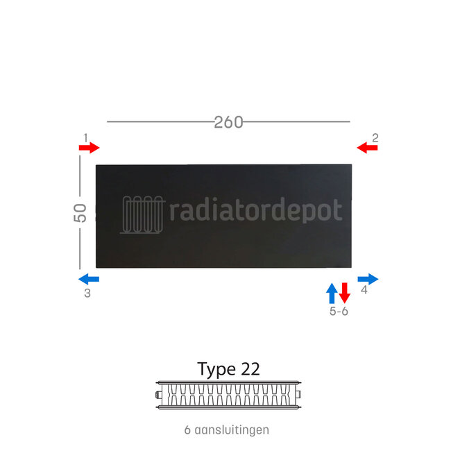 H50 x B260 T22 - Paneelradiator C6 vlakke voorzijde Mat Zwart
