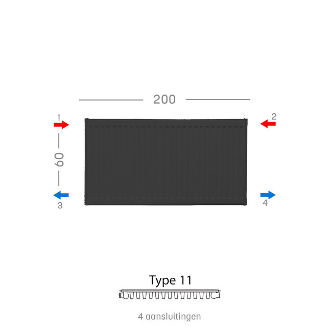 H60 x B200 T11 - Paneelradiator C4 geribbelde voorzijde Mat Zwart
