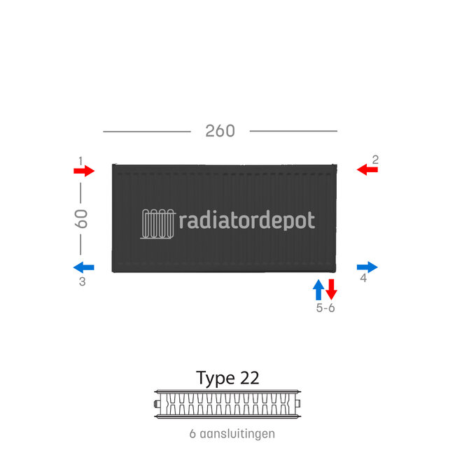 H60 x B260 T22 - Paneelradiator C6 geribbelde voorzijde Mat Zwart