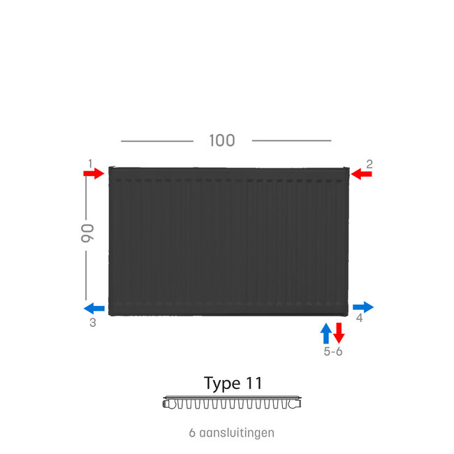 H90 x B100 T11 - Paneelradiator C6 geribbelde voorzijde Mat Zwart