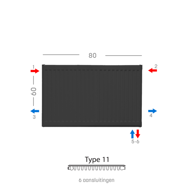 H60 x B80 T11 - Paneelradiator C6 geribbelde voorzijde Mat Zwart