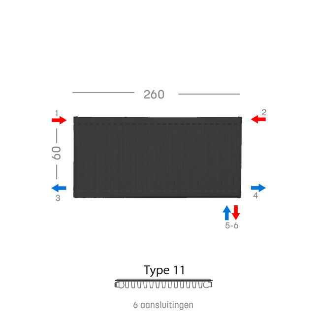 H60 x B260 T11 - Paneelradiator C6 geribbelde voorzijde Mat Zwart