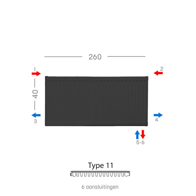H50 x B260 T11 - Paneelradiator C6 geribbelde voorzijde Mat Zwart