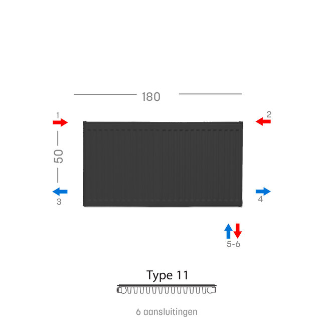 H50 x B180 T11 - Paneelradiator C6 geribbelde voorzijde Mat Zwart
