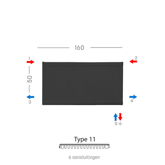 H50 x B160 T11 - Paneelradiator C6 geribbelde voorzijde Mat Zwart