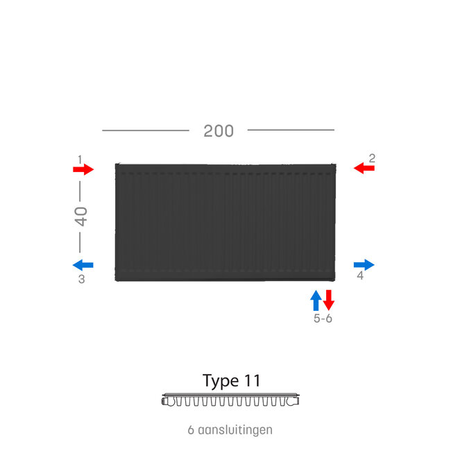 H40 x B180 T11 - Paneelradiator C6 geribbelde voorzijde Mat Zwart