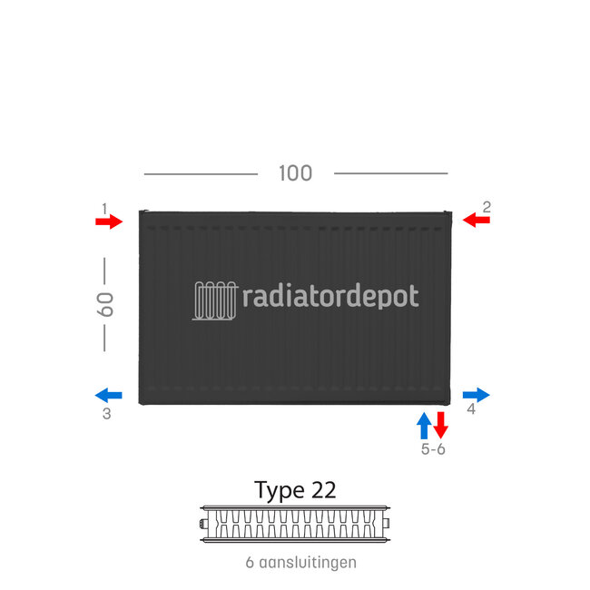 H60 x B100 T22 - Paneelradiator C6 geribbelde voorzijde Mat Zwart