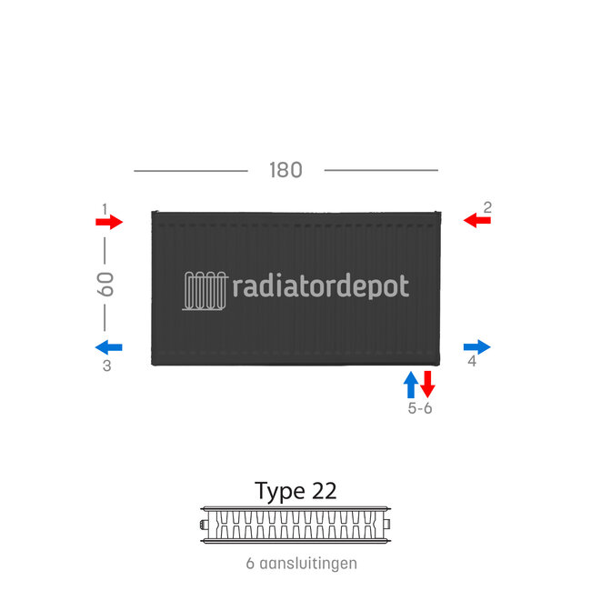 H60 x B180 T22 - Paneelradiator C6 geribbelde voorzijde Mat Zwart
