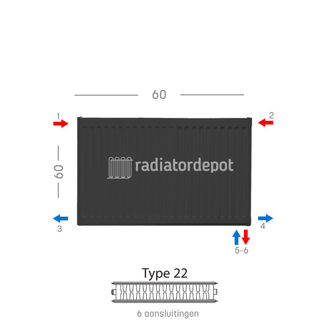 H60 x B60 T22 - Paneelradiator C6 geribbelde voorzijde Mat Zwart