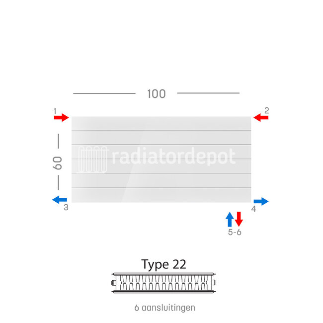 H60 x B100 T22 - Paneelradiator C6 gegroefde voorzijde Wit